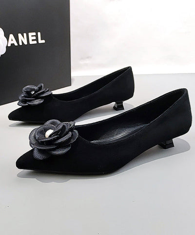 Black Suede Floral Splicing Kitten Shoes Pointed Toe Black Suede Floral Splicing Kitten Shoes Pointed Toe