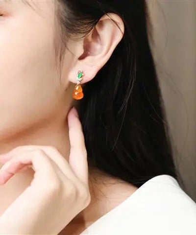 Regular Orange Sterling Silver Overgild Zircon Jade Gourd Drop Earrings Regular Orange Sterling Silver Overgild Zircon Jade Gourd Drop Earrings