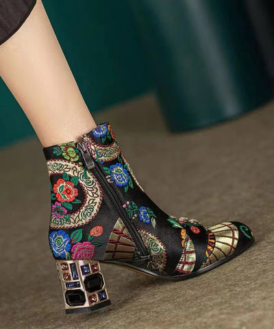 Bohemian Black Embroidery Nail Bead Zircon Chunky Heel Boots Bohemian Black Embroidery Nail Bead Zircon Chunky Heel Boots