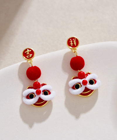 Original Design Red Copper Orange Silk Velvet Lion Dance Drop Earrings Original Design Red Copper Orange Silk Velvet Lion Dance Drop Earrings