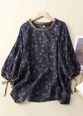 Vintage Navy O Neck Lace Up Print Leinen Tops Armband Ärmel