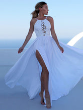 Weißes Maxikleid rückenfrei Damen langes Kleid Träger Split Party Sommerkleid