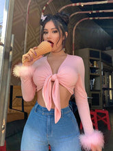 2024 Langarm Pelz V-Ausschnitt gewickelt Bandage sexy Crop Tops Herbst Winter Frauen Streetwear Club Party Outfits T-Shirts