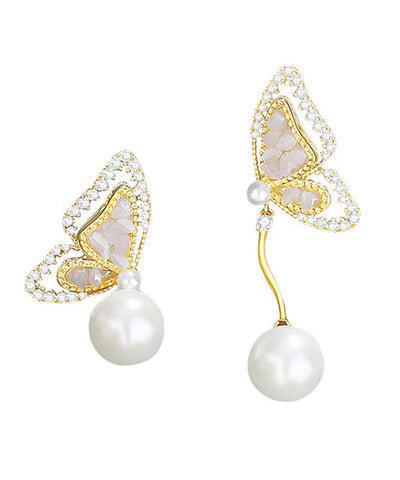 New Gold Sterling Silver Overgild Zircon Pearl Asymmetrical Butterfly Tassel Drop Earrings New Gold Sterling Silver Overgild Zircon Pearl Asymmetrical Butterfly Tassel Drop Earrings
