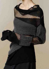 Nuevos suéteres de punto fino con cuello alto de tul y patchwork negros para otoño