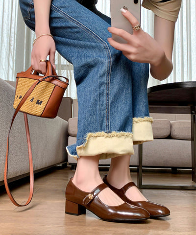 French Green Buckle Strap Splicing Chunky Heel Shoes French Green Buckle Strap Splicing Chunky Heel Shoes