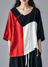 Neu Schwarzes asymmetrisches Patchwork-Baumwolltop mit Armbandärmeln