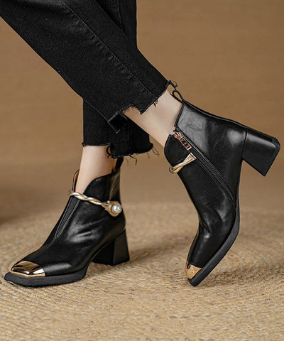 Classy Splicing Chunky Heel Ankle Boots Black Cowhide Leather Classy Splicing Chunky Heel Ankle Boots Black Cowhide Leather