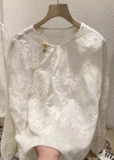 Vintage Beige O-Ausschnitt Knopf Jacquard Chiffon Bluse Tops Frühling