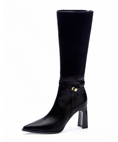 Black Faux Leather Zippered Splicing Chunky Heel Boots Black Faux Leather Zippered Splicing Chunky Heel Boots