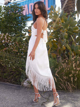 Sommer Maxikleider Weiß Träger Hals Fransen Satin Stoff Strandkleid