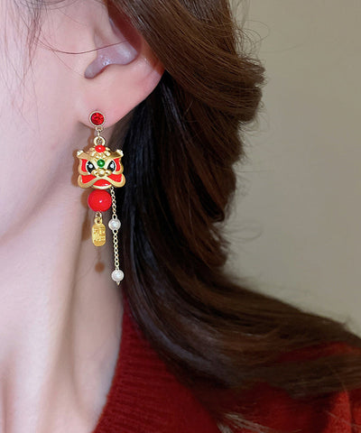 New Red Alloy Zircon Pearl Lion Dance Blessing Bag Tassel Drop Earrings New Red Alloy Zircon Pearl Lion Dance Blessing Bag Tassel Drop Earrings
