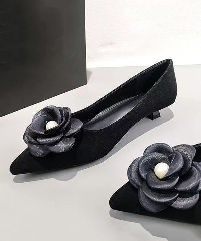 Black Suede Floral Splicing Kitten Shoes Pointed Toe Black Suede Floral Splicing Kitten Shoes Pointed Toe