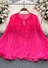 Plus Size Rose O Neck Wrinkled Patchwork Chiffon Bluse Tops Sommer