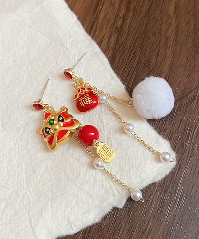 New Red Alloy Zircon Pearl Lion Dance Blessing Bag Tassel Drop Earrings New Red Alloy Zircon Pearl Lion Dance Blessing Bag Tassel Drop Earrings