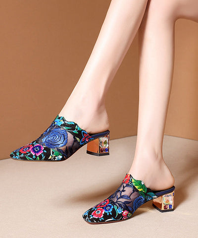 Sandalias azules elegantes de piel de oveja gruesa con bordado 2025  Sandalias azules elegantes de piel de oveja gruesa con bordado 2025