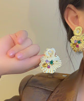 Chic Yellow Alloy Inlaid Pearl Gem Stone Stud Earrings