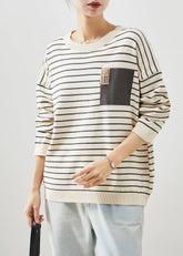 Suéter corto de punto italiano de rayas beige de gran tamaño para otoño