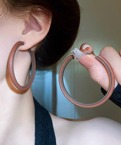Loose Brown Alloy Leather Circle Hoop Earrings Loose Brown Alloy Leather Circle Hoop Earrings