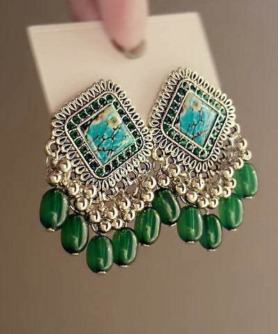 Original Design Green Alloy Glass Beads Tassel Stud Earrings Original Design Green Alloy Glass Beads Tassel Stud Earrings