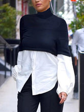 False Two Puff Sleeves Contrast Color Split-Joint High Neck Blouses&shirts Tops