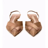 Modische Sandalen mit dünnen Absätzen für Damen, braun, Kreuz 2024, spitzer Zehenbereich, flacher Büro-Pumps mit niedrigem Absatz, Slingbacks, Temperament, Mule-Schuhe