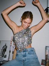 Tossy Glitter Backless Sexy Tank Top – Weibliche Patchwork Off-Shoulder Pailletten Club Party Y2k Sparkle Weste