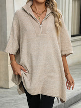 Loose Three-Quarter Sleeves Split-Joint Zipper V-Neck Sweater Tops