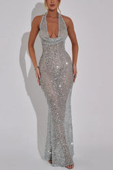 Vestido largo con cuello halter, lentejuelas transparentes y brillo toda la noche