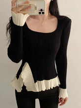 Tossy Ruffled Patchwork Vintage Pullover Sweater For Women Ribbed Contrast Elegant Long Sleeve Loose Knit Female Pullover 2023