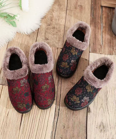 Zapatos planos de tela de algodón con estampado rojo y forro de lana afelpada  Zapatos planos de tela de algodón con estampado rojo y forro de lana afelpada