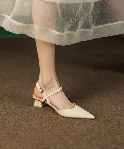 Chic Beige Splicing Cowhide Leather Chunky Sandals Pointed Toe Chic Beige Splicing Cowhide Leather Chunky Sandals Pointed Toe