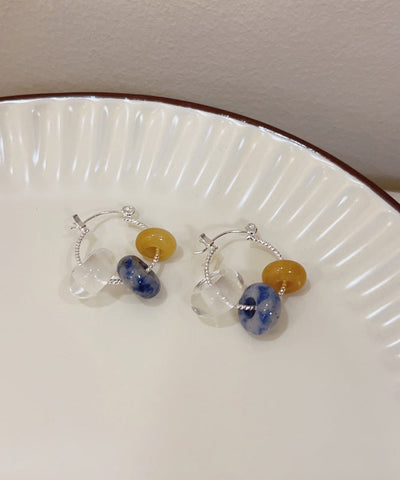 Handmade Colorblock Copper Alloy Gem Stone Beading Hoop Earrings Handmade Colorblock Copper Alloy Gem Stone Beading Hoop Earrings