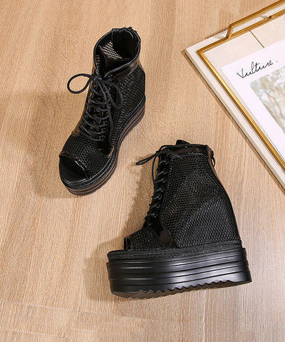 Black Boots Platform Breathable Mesh Boutique Splicing Lace Up Black Boots Platform Breathable Mesh Boutique Splicing Lace Up