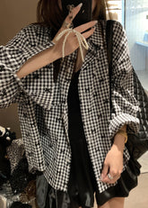 Blusas francesas de algodón con cuello alto y botones a cuadros negros para primavera