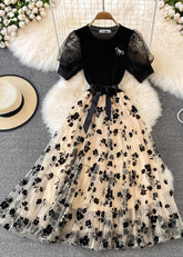 Vestido largo bohemio de tul con cuello redondo, lazo bordado en la cintura, de punto y patchwork, manga corta, color albaricoque