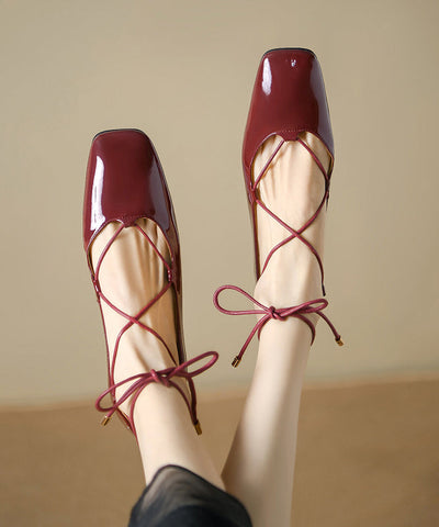 French Mulberry Lace Up Splicing Flats Square Toe French Mulberry Lace Up Splicing Flats Square Toe