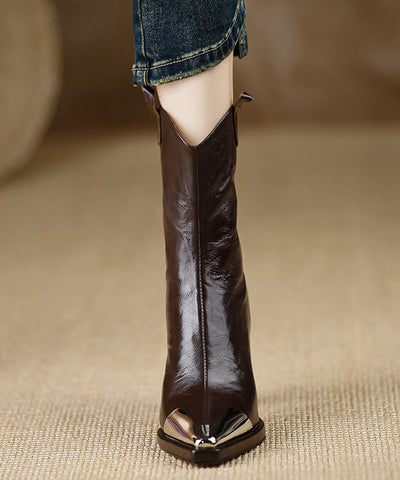 Brown Boots Chunky Heel Sheepskin Classy Splicing Sequined Brown Boots Chunky Heel Sheepskin Classy Splicing Sequined