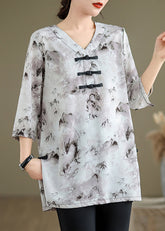 Art Grey Button Print Baumwolltop Armband Ärmel