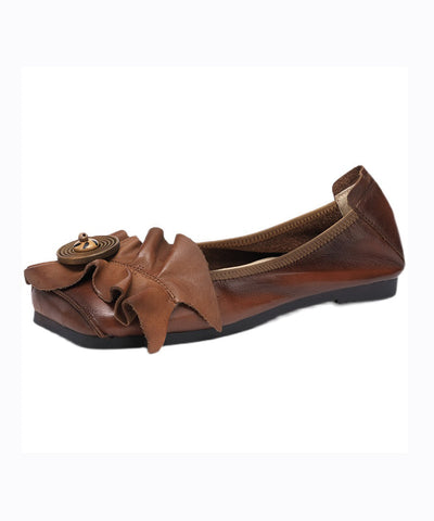 Boutique Brown Cowhide Leather Flat Shoes Splicing Ruffled Boutique Brown Cowhide Leather Flat Shoes Splicing Ruffled