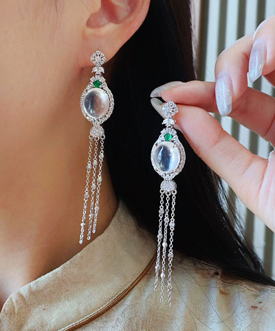 Modern Silk Sterling Silver Overgild Zircon Jade Tassel Drop Earrings Modern Silk Sterling Silver Overgild Zircon Jade Tassel Drop Earrings