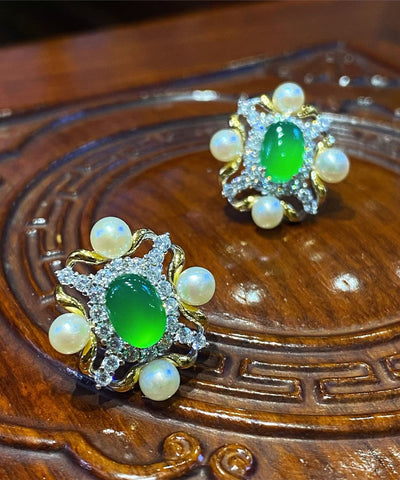 Pendientes de plata de ley verde con circón dorado y perla de jade  Pendientes de plata de ley verde con circón dorado y perla de jade