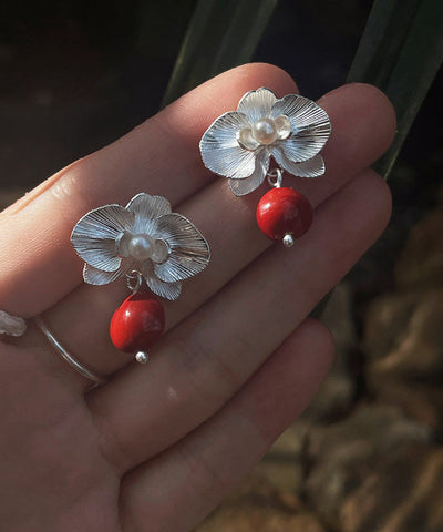 Fine Red Sterling Silver Floral Pearl Red Beans Drop Earrings Fine Red Sterling Silver Floral Pearl Red Beans Drop Earrings
