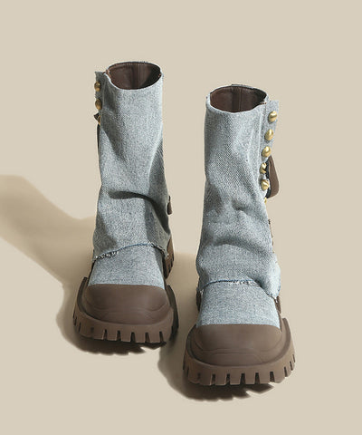 Blaue Plateau-Jeansstiefel aus Rindsleder  Blaue Plateau-Jeansstiefel aus Rindsleder