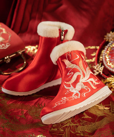 Boho Red Satin Embroidery Splicing Boots Fuzzy Wool Lined Boho Red Satin Embroidery Splicing Boots Fuzzy Wool Lined