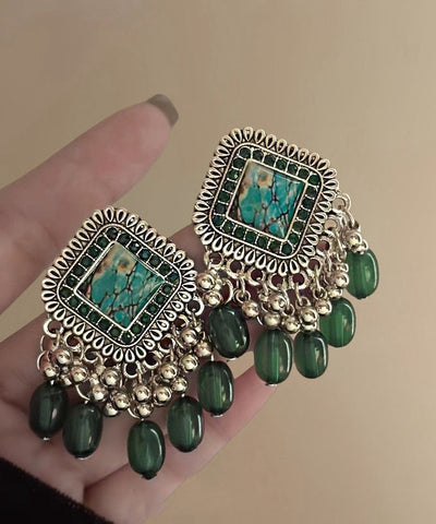 Original Design Green Alloy Glass Beads Tassel Stud Earrings Original Design Green Alloy Glass Beads Tassel Stud Earrings