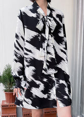 Lose weiße Schleife Schnürung Patchwork Chiffon Blusen Mid Kleid Herbst