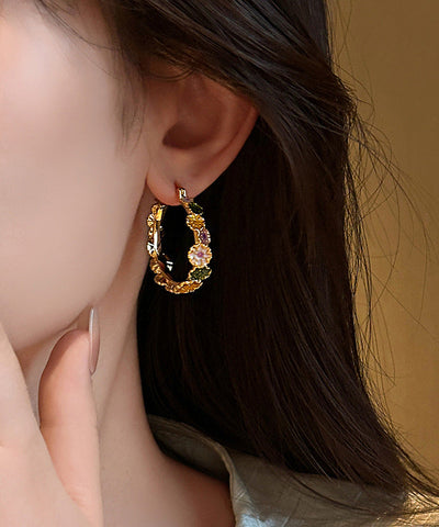 Oversize Gold Copper Alloy Floral Drip Glaze Hoop Earrings Oversize Gold Copper Alloy Floral Drip Glaze Hoop Earrings