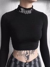 Tops cortos negros ajustados de manga larga para mujer, estilo gótico Harajuku con letras bordadas, tops vintage lisos, tops básicos informales para mujer