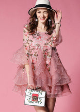 Art Schwarz bestickte Patchwork Organza Minikleider Flare Ärmel